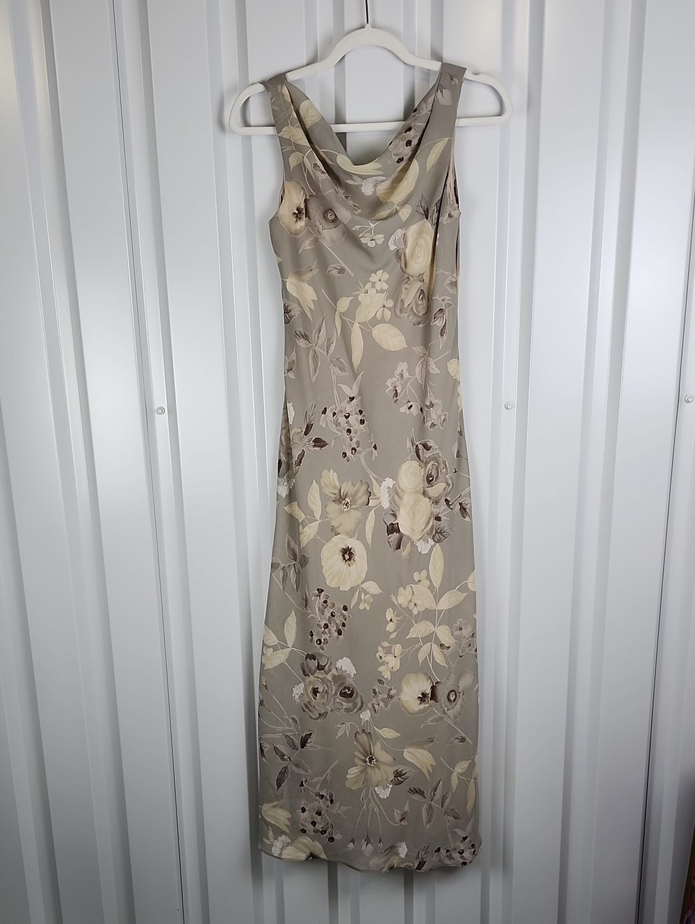 Alyn Paige Vintage Maxi Dress Floral Cowl Neck Green Taupe Sz 3/4 Whimsi Flowy